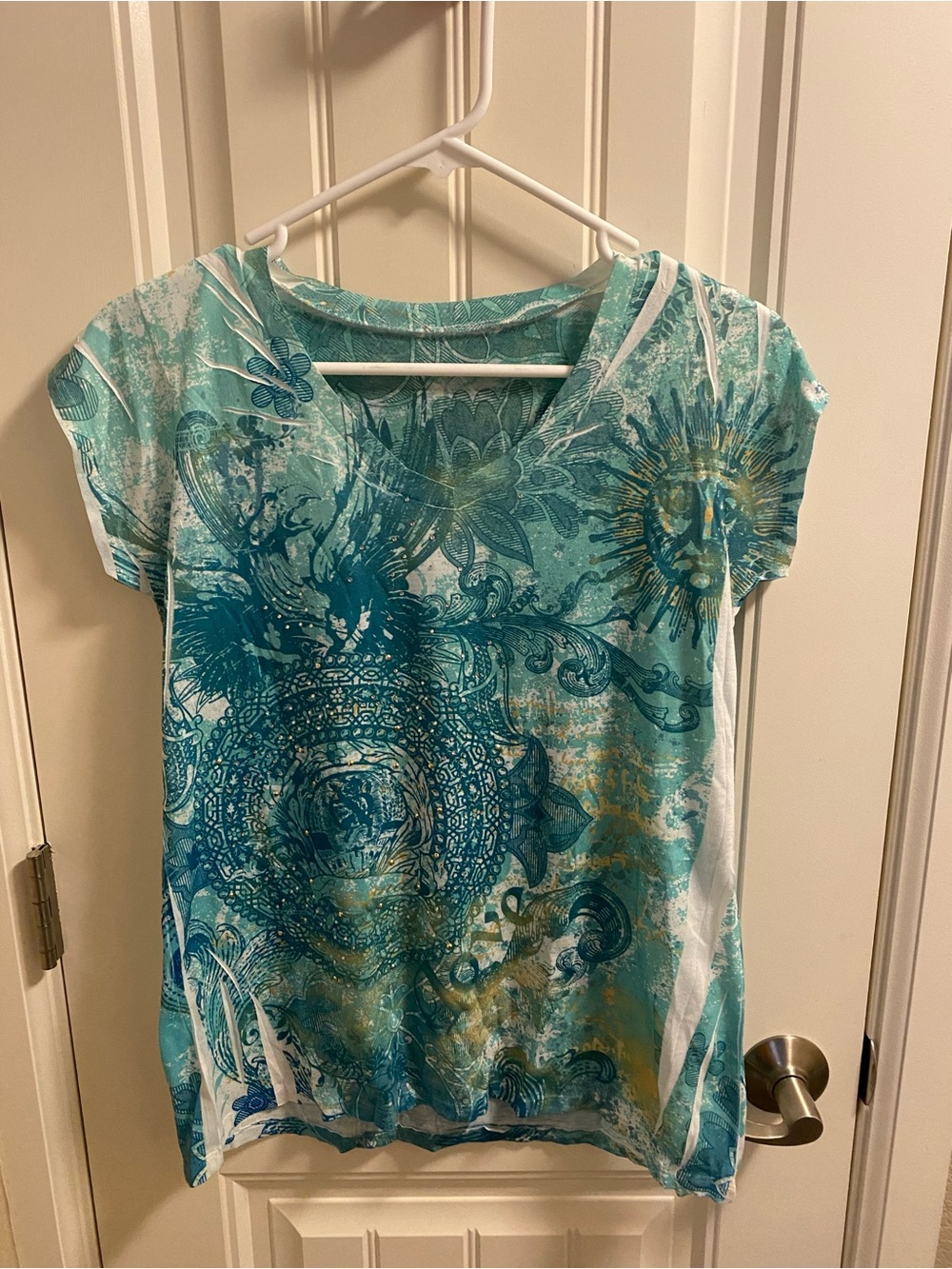 Sublimation Top M Blouse Green Blue Medium Rhinestone Bling Shirt Med No Brand